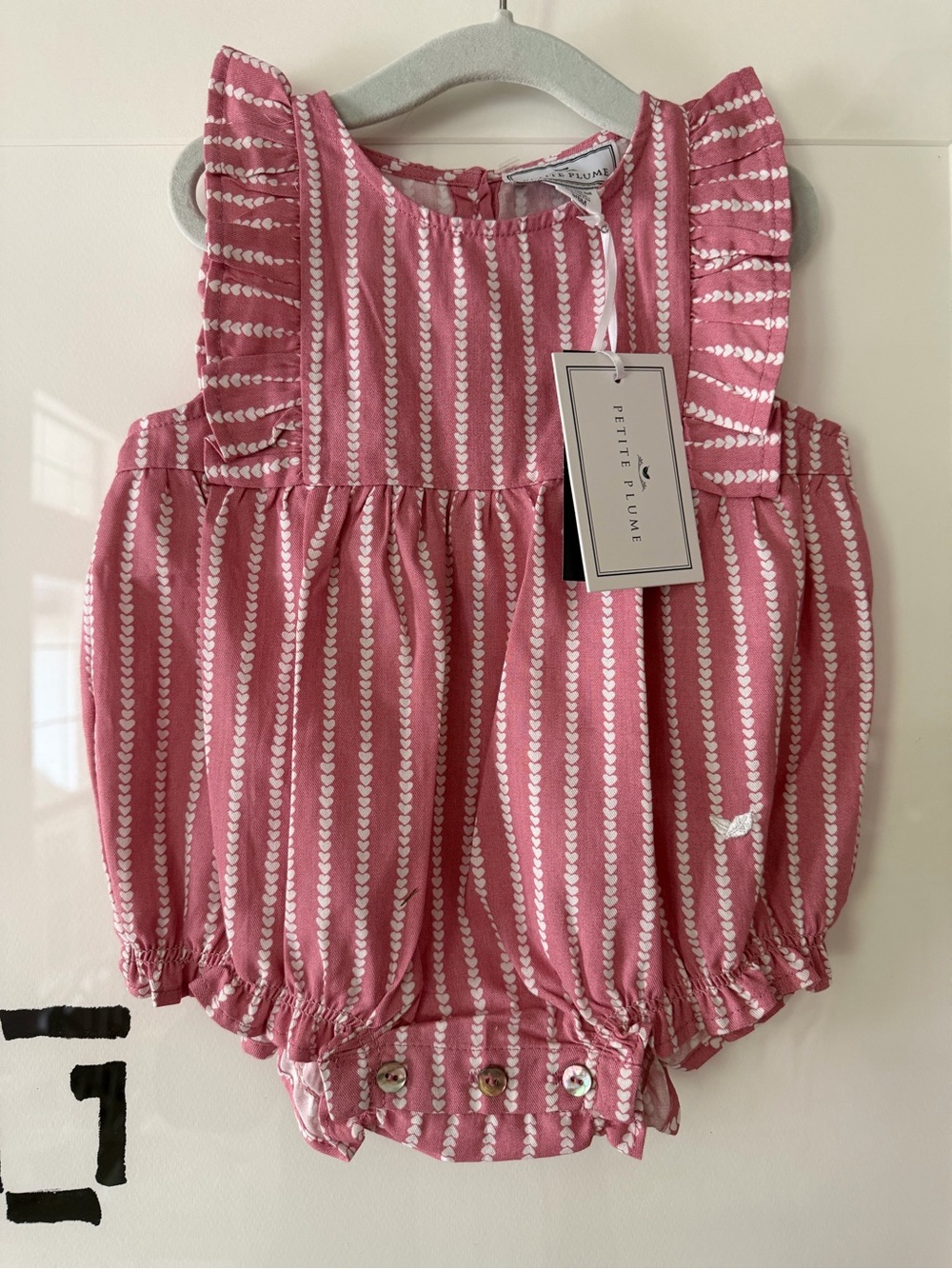 Petite Plume Twill Ruffled Romper in Love Lines print